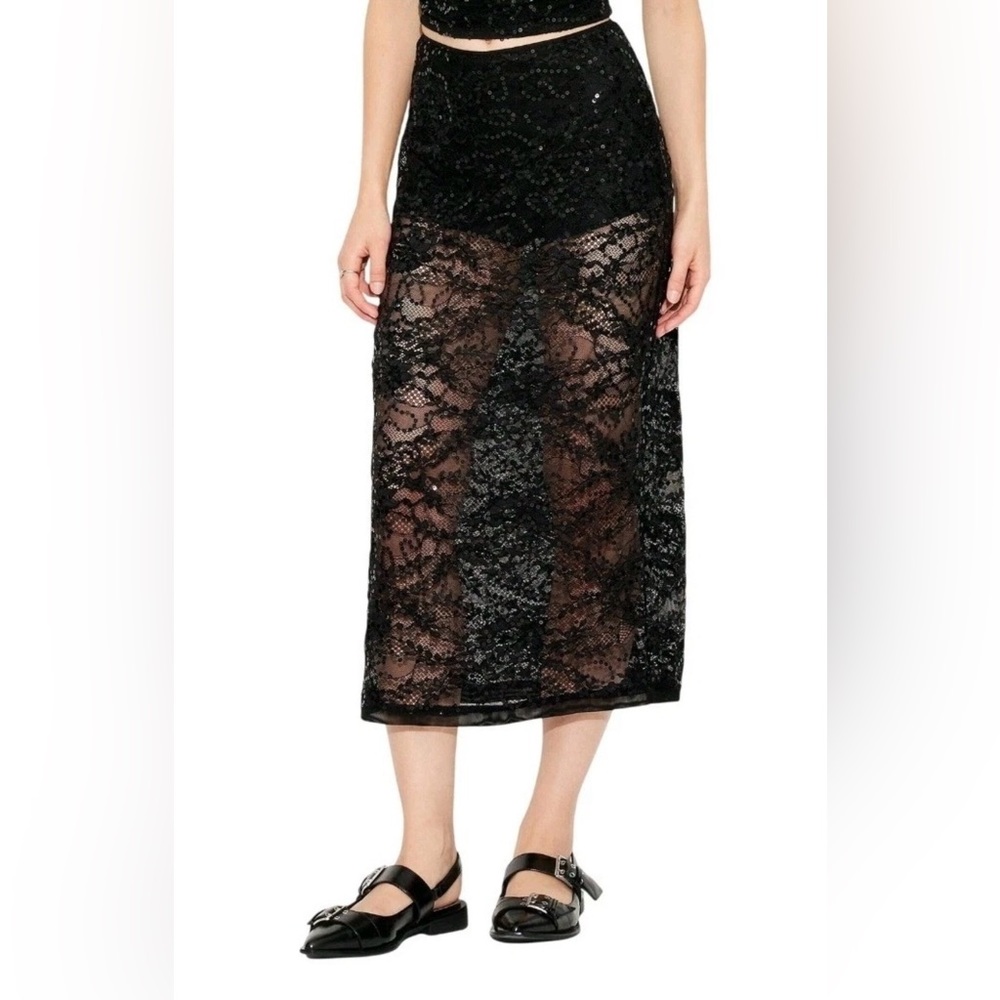 NWT Black Sheer Lace Midi Skirt